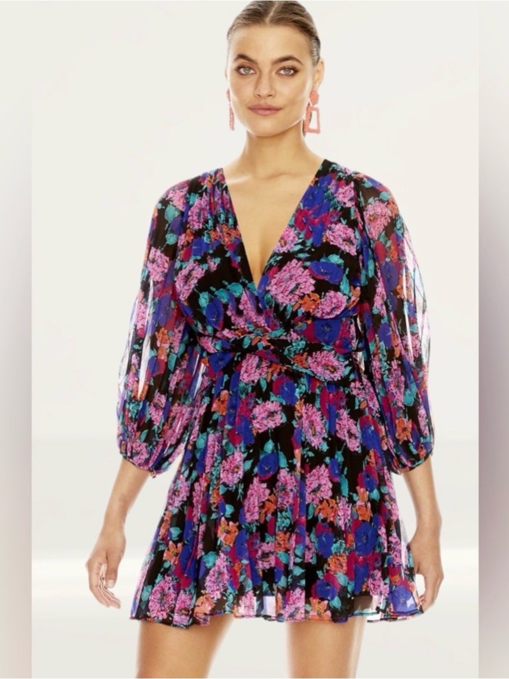 MELLODAY Black Floral V-Neck Mini Dress